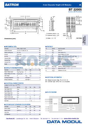 BT22005 datasheet - 5 mm Character Height LCD Modules