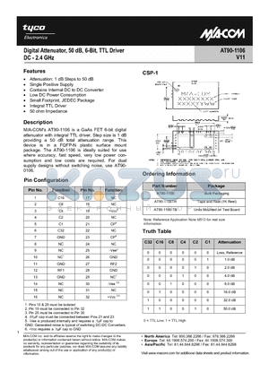 AT90-1106TR datasheet - Digital Attenuator 50dB, 6-Bit, TTL Driver, DC-2.4 GHz