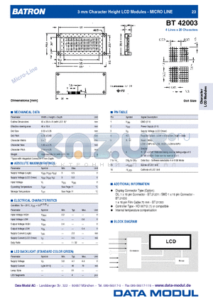 BT42003 datasheet - 3 mm Character Height LCD Modules - MICRO LINE