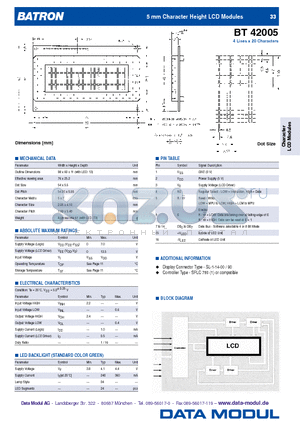 BT42005 datasheet - 5 mm Character Height LCD Modules