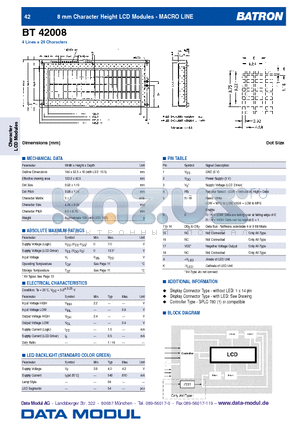 BT42008 datasheet - 8 mm Character Height LCD Modules - MACRO LINE