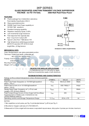 3KP18CA datasheet - GLASS PASSIVATED JUNCTION TRANSIENT VOLTAGE SUPPRESSOR(VOLTAGE - 5.0 TO 170 Volts 3000 Watt Peak Pulse Power)