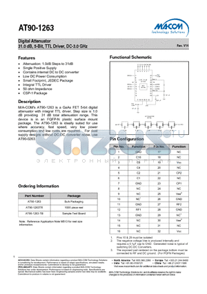 AT90-1263TR datasheet - Digital Attenuator 31.0 dB, 5-Bit, TTL Driver, DC-3.0 GHz