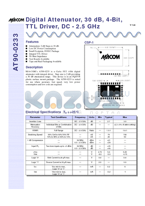 AT90-0233 datasheet - Digital Attenuator, 30 dB, 4-Bit, TTL Driver, DC - 2.5 GHz