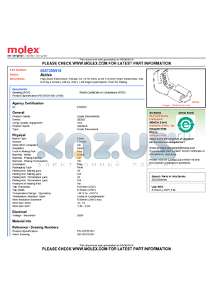 0357255510 datasheet - Flag Quick Disconnect, Female, for 14-16 AWG (2.08-1.31mmb) Wire, Metal Strip, Tab 6.35 by 0.81mm (.250 by .032