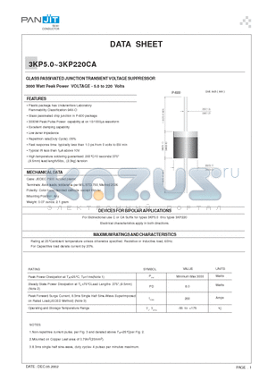 3KP190 datasheet - GLASS PASSIVATED JUNCTION TRANSIENT VOLTAGE SUPPRESSOR 3000 Watt Peak Power VOLTAGE - 5.0 to 220 Volts