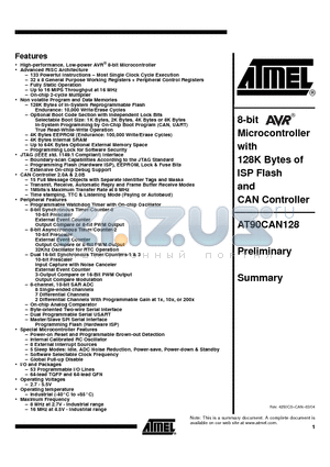 AT90CAN128-16MI datasheet - 8-bit Microcontroller with 128K Bytes of ISP Flash and CAN Controller