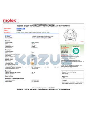 0358431236 datasheet - PT Bulb Socket, Sealed, Single Housing Assembly, Type EC, White
