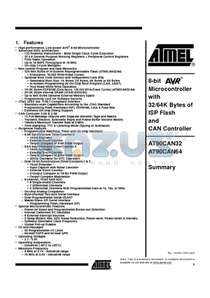 AT90CAN32-16AU datasheet - Microcontroller with 32/64k Bytes of ISP Flash and CAN Controller