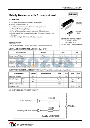 BT8040D datasheet - Melody Generator with Accompaniment