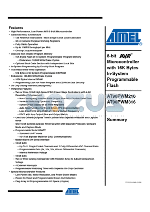 AT90PWM216 datasheet - 8-bit Microcontroller with 16K Bytes In-System Programmable Flash