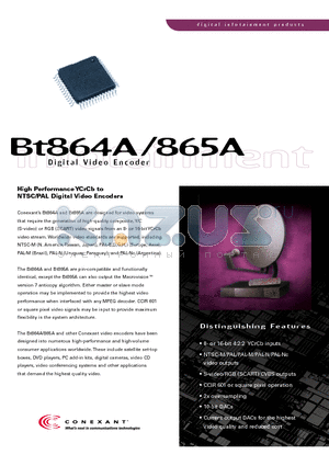 BT864A datasheet - High Performance YCrCb to NTSC/PAL Digital Video Encoders