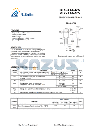 BTA04-400A datasheet - SENSITIVE GATE TRIACS