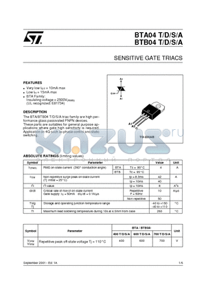 BTA04-400T datasheet - SENSITIVE GATE TRIACS