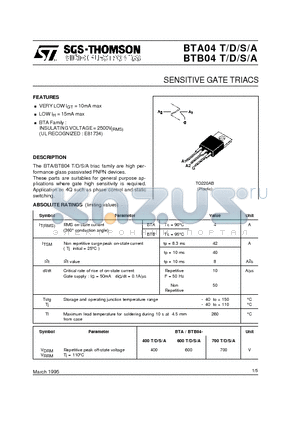 BTA04-400A datasheet - SENSITIVE GATE TRIACS