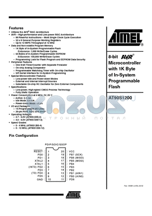 AT90S1200-4PI datasheet - 8-bit Microcontroller with 1K Byte of In-System Programmable Flash