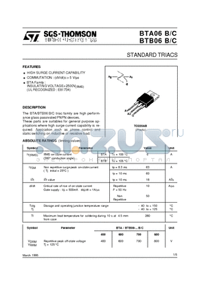 BTA06-400B datasheet - STANDARD TRIACS
