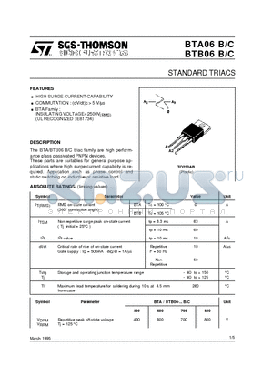 BTA06-600B datasheet - STANDARD TRIACS