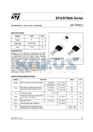 BTA06-600BW datasheet - SNUBBERLESS, LOGIC LEVEL & STANDARD