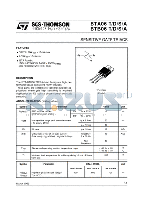 BTA06D datasheet - SENSITIVE GATE TRIACS