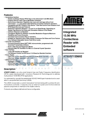 AT90RF135602 datasheet - INTEGRATED 13.56 MHz CONTACTLESS READER WITH EMBEDED SOFTWARE