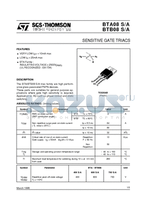 BTA08-400A datasheet - SENSITIVE GATE TRIACS