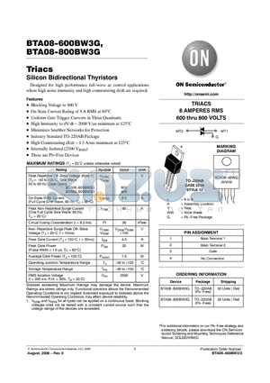 BTA08-600BW3G datasheet - Triacs Silicon Bidirectional Thyristors