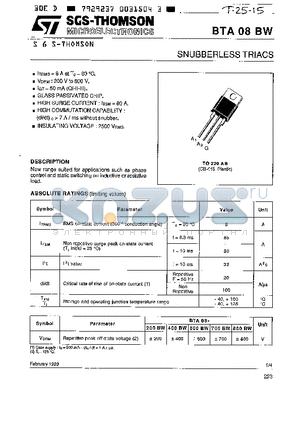 BTA08-700BW datasheet - SNUBBERLESS TRIACS