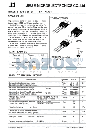 BTA08-800B datasheet - 8A TRIACs