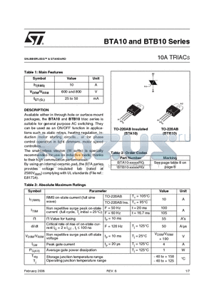 BTA10-600B datasheet - 10A TRIACS