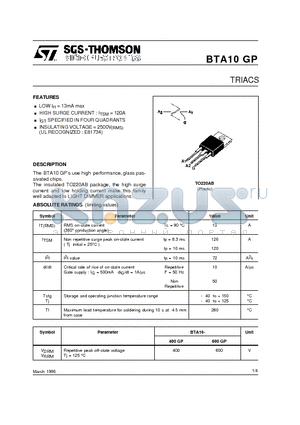 BTA10-600GP datasheet - TRIACS