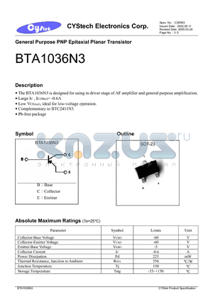 BTA1036N3 datasheet - General Purpose PNP Epitaxial Planar Transistor