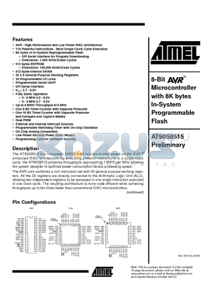 AT90S8515-4AI datasheet - 8-Bit Microcontroller with 8K bytes In-System Programmable Flash