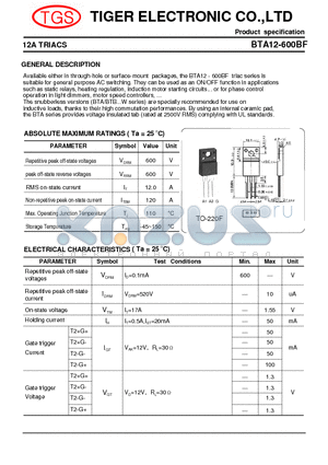 BTA12-600BF datasheet - 12A TRIACS