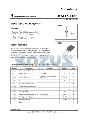 BTA12-600B datasheet - Bi-Directional Triode Thyristor