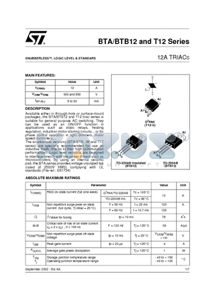 BTA12-600SWRG datasheet - 12A TRIACS