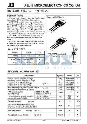 BTA12-800B datasheet - 12A TRIACs