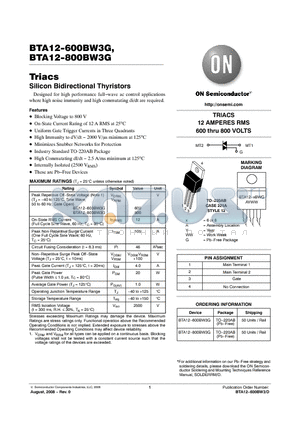 BTA12-800BW3G datasheet - Triacs Silicon Bidirectional Thyristors