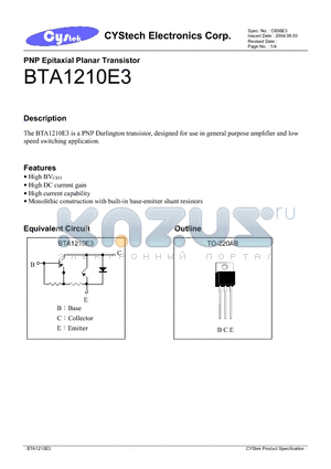 BTA1210E3 datasheet - PNP Epitaxial Planar Transistor