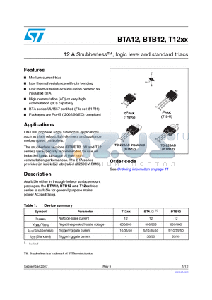 BTA12800BRG datasheet - 12 A Snubberless, logic level and standard triacs