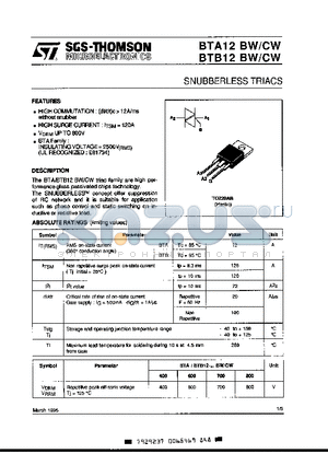 BTA12CW datasheet - SNUBBERLESS TRIACS