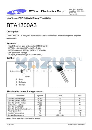 BTA1300A3 datasheet - Low VCE(SAT) PNP Epitaxial Planar Transistor