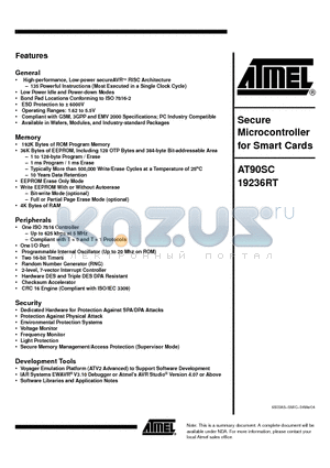 AT90SC19236RT datasheet - Secure Microcontroller for Smart Cards