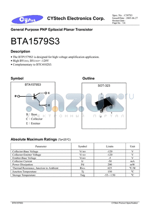 BTA1579S3 datasheet - General Purpose PNP Epitaxial Planar Transistor
