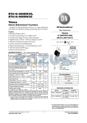 BTA16-600BW3G datasheet - Triacs Silicon Bidirectional Thyristors