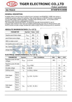 BTA16-800B datasheet - 16A TRIACS