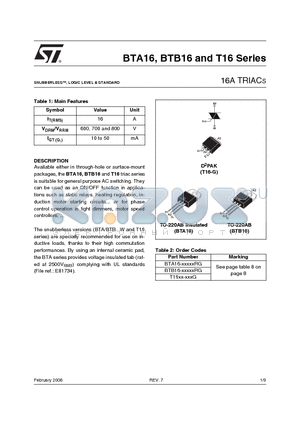 BTA16-800BWRG datasheet - 16A TRIACS