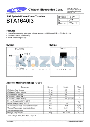 BTA1640I3 datasheet - PNP Epitaxial Planar Power Transistor