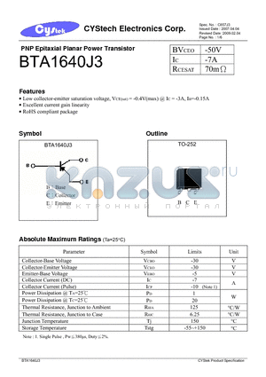 BTA1640J3 datasheet - PNP Epitaxial Planar Power Transistor