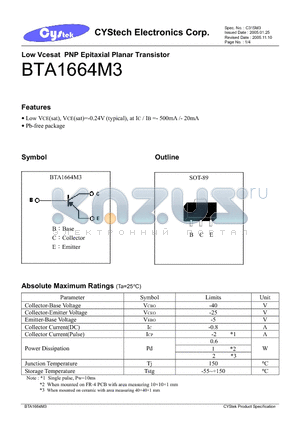 BTA1664M3 datasheet - Low Vcesat PNP Epitaxial Planar Transistor